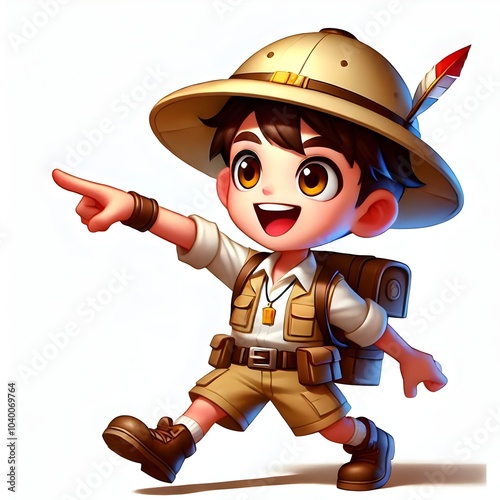 Chibi Explorer Boy Pointing Excitedly in Safari Outfit