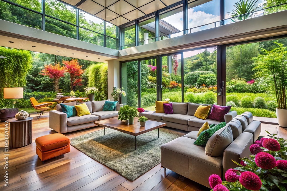 Naklejka premium Luxury Modern Living Room with Floor-to-Ceiling Windows and Lush Garden View - Elegant Design, Natural Light,
