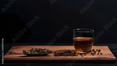 A warm glass of freshly brewed tea paired with dried leaves on a wooden plate, immersing in a cozy evening atmosphere