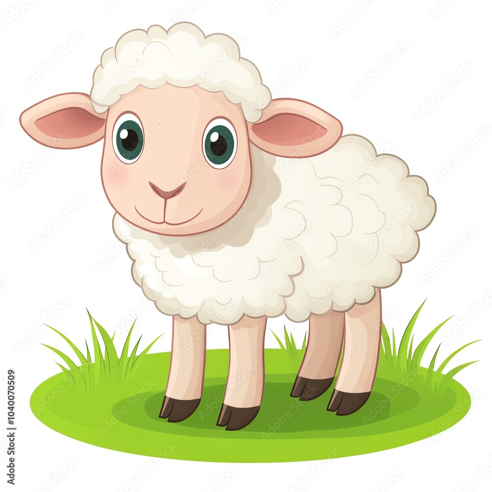 A cute cartoon sheep standing in green grass with big eyes and fluffy white wool. A cute cartoon sheep standing in green grass with big eyes and fluffy white wool.