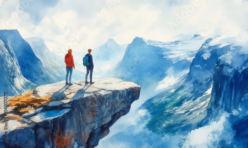 Watercolor Adventurous couple at Trolltunga. Trolltunga (Troll tongue) is a piece of rock jutting horizontally out of a mountain in Odda in Hordaland, Norway