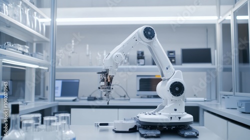 A robot conducting precision measurements in a high-tech materials testing lab with clean surfaces and advanced testing instruments, Materials testing tech style, photo of