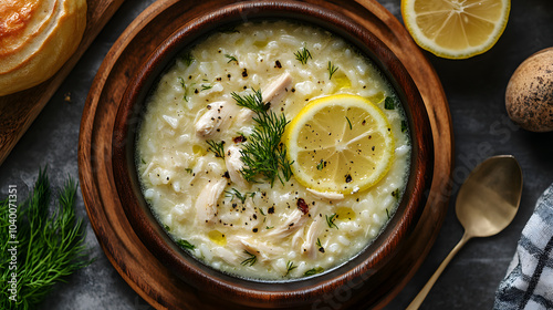 A comforting bowl of Avgolemono Soup, a Greek chicken and rice soup with a silky, tangy egg-lemon broth, garnished with fresh dill and a slice of lemon