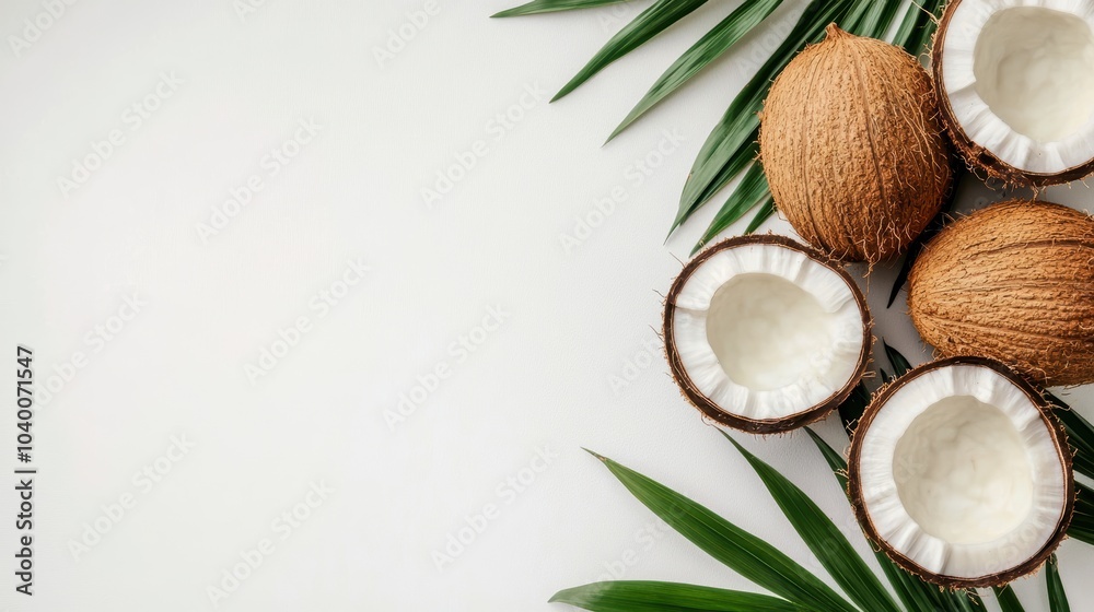 Fresh coconuts and green palm leaves on a white background, perfect for tropical themed designs. Fresh coconuts and green palm leaves on a white background, perfect for tropical themed designs.