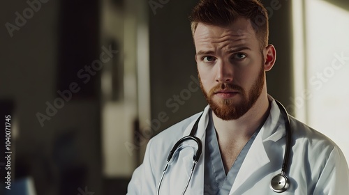 Young Caucasian male doctor wearing a white coat and stethoscope.