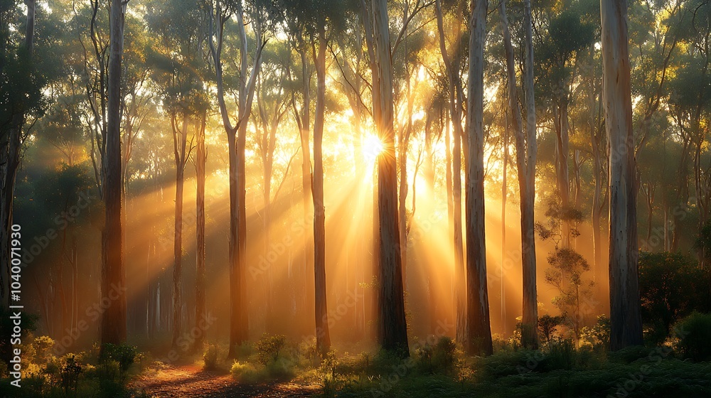 Obraz premium Forest retreat with a mix of pine and cedarwood trees, eucalyptus leaves rustling in the breeze, golden sunlight creating a warm glow, cool mist rising from the forest floor,
