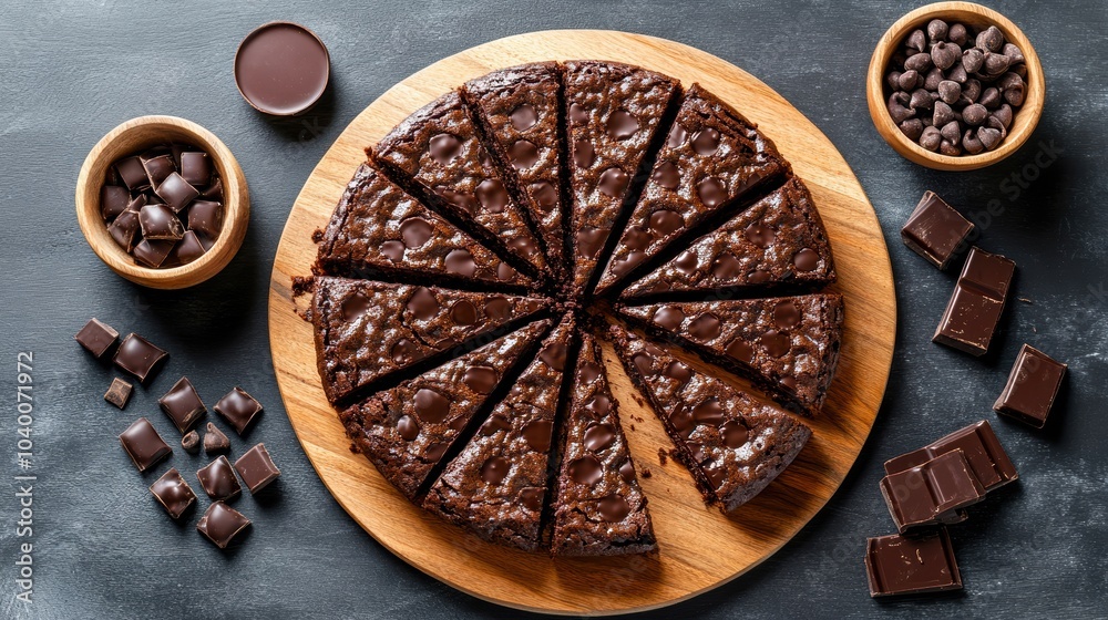 Delicious chocolate cake sliced on a wooden board, surrounded by chocolate pieces, perfect for dessert lovers. Delicious chocolate cake sliced on a wooden board, surrounded by chocolate pieces, perfect for dessert lovers.