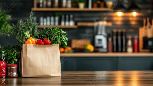 An eco-friendly brown paper bag is filled with fresh vegetables, like kale and peppers, set on a kitchen table, epitomizing sustainable and healthy grocery choices. photo