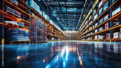 A contemporary distribution center filled with shelves of products under LED illumination, symbolizing the connectivity of global markets, photography style