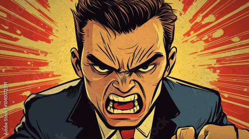 A cartoon man is shown with a very angry face. He's drawn in a retro style, like something you'd see in an old comic book.