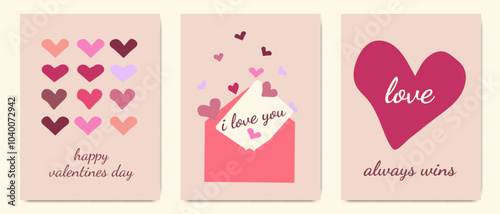 Set of three Valentine's day cards with pink and red hearts, love messages, and envelope on beige background