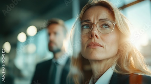 A focused businesswoman with glasses stands confidently in a modern office environment, bathed in soft sunlight, epitomizing professionalism and modern workplace energy. photo