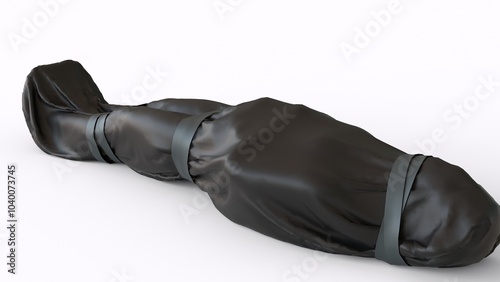body wrapped in plastic with white background