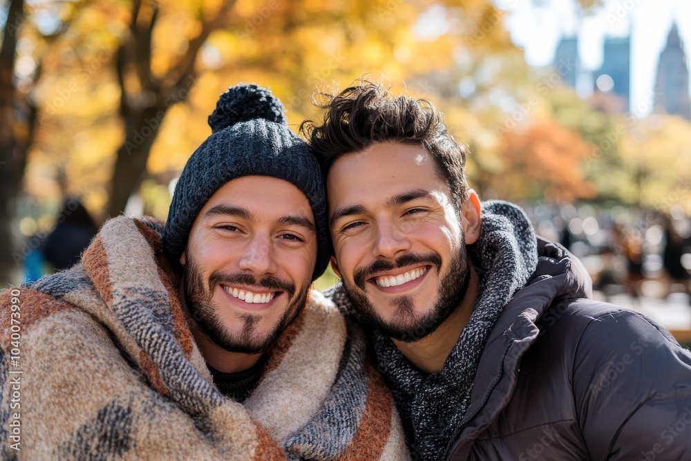 This photo shows two men warmly wrapped in scarves, sharing smiles against the backdrop of a vibrant fall park, reflecting warmth, joy, and friendship vividly. This photo shows two men warmly wrapped in scarves, sharing smiles against the backdrop of a vibrant fall park, reflecting warmth, joy, and friendship vividly.