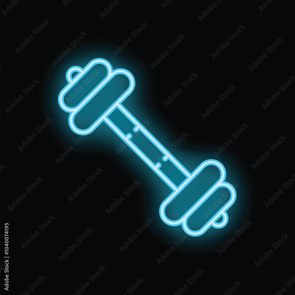 Glowing neon blue dumbbell is isolated on a black background, representing fitness and strength training Glowing neon blue dumbbell is isolated on a black background, representing fitness and strength training