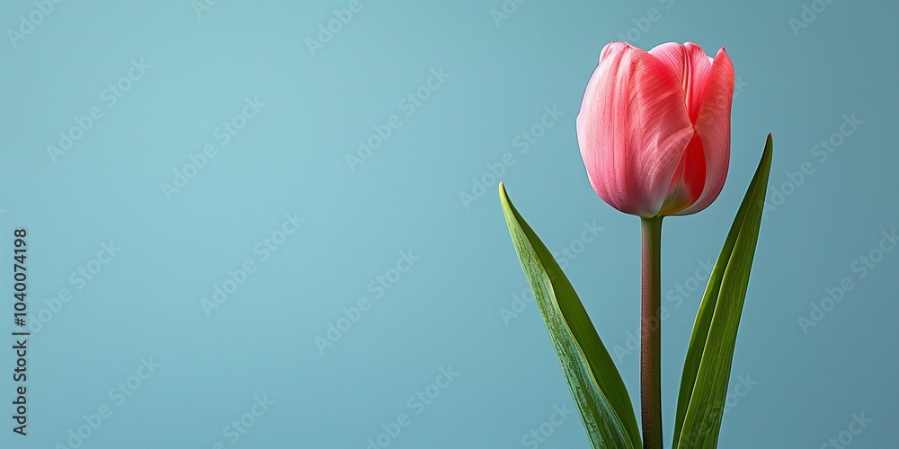 An exquisite pink flower from above and up with ample space for text set on a crisp blue background, Generative AI. An exquisite pink flower from above and up with ample space for text set on a crisp blue background, Generative AI.