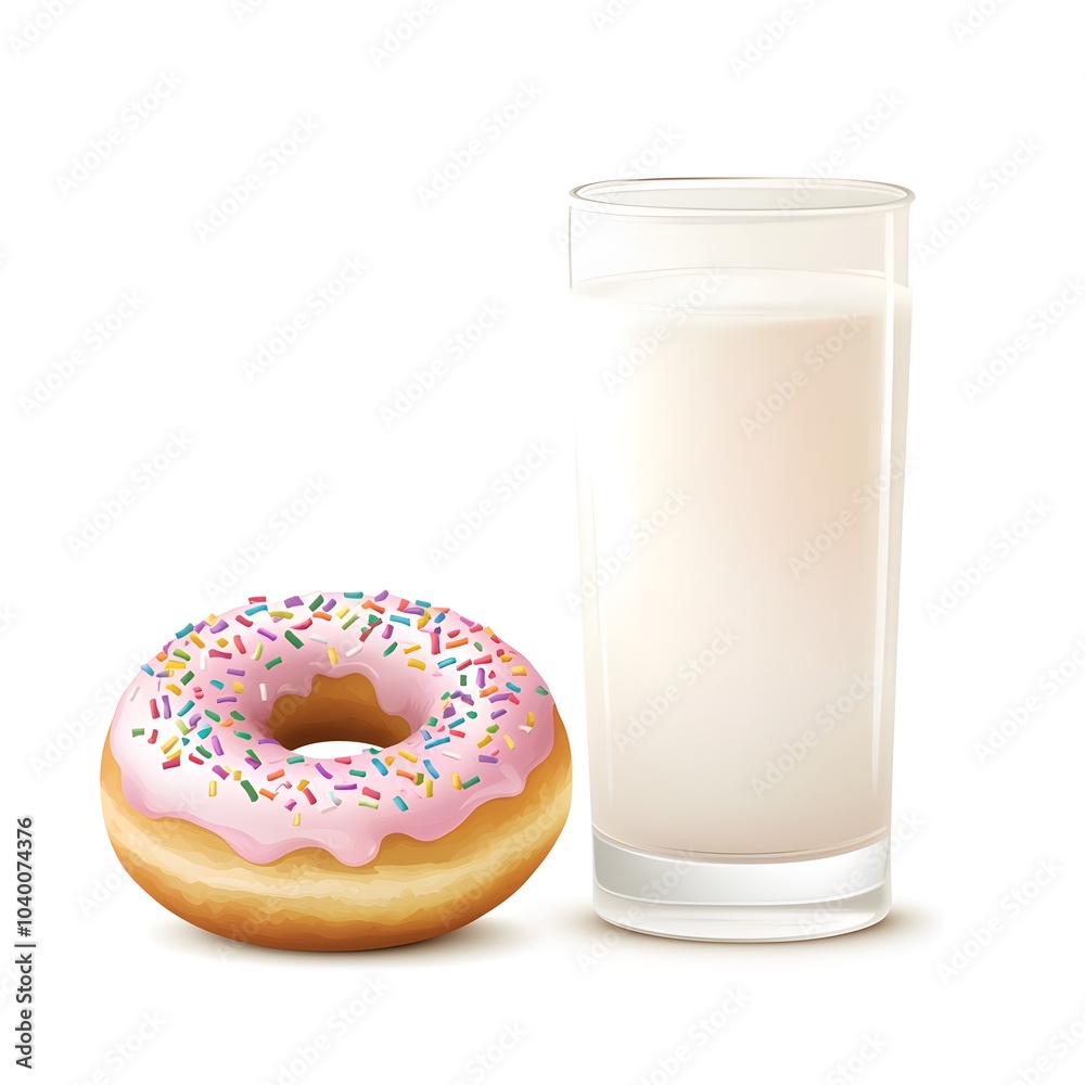 Glazed Donut with Sprinkles and Glass of Milk Breakfast Treat Glazed Donut with Sprinkles and Glass of Milk Breakfast Treat