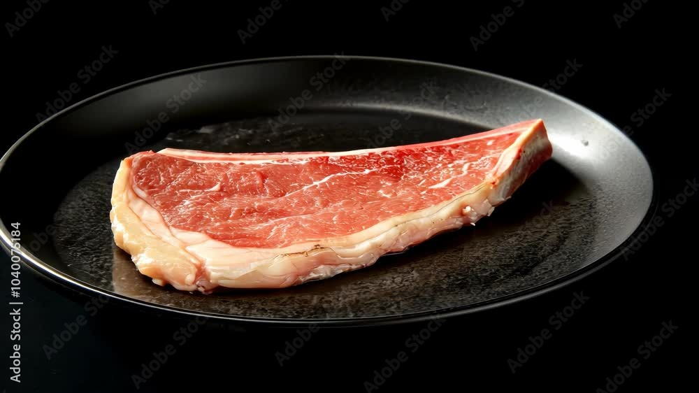 A raw steak sits on a black plate ready for cooking A raw steak sits on a black plate ready for cooking