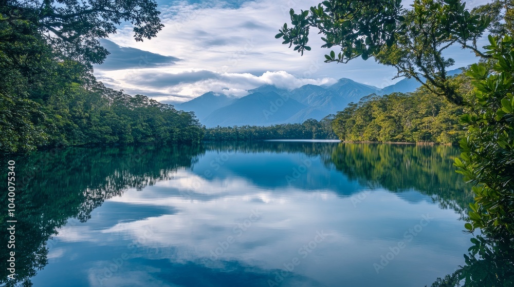 Fototapeta premium A tranquil lake view surrounded by lush green forest, with the still water reflecting the sky and distant mountains in the background.