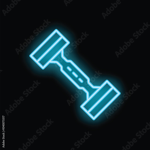 Blue neon dumbbell glowing on black background representing fitness and healthy lifestyle