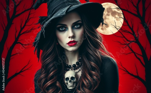 A dark and mysterious image of a witchy woman with dramatic makeup in a black hat, adorned in a black dress and jewelry, set against a red eerie forest background.
