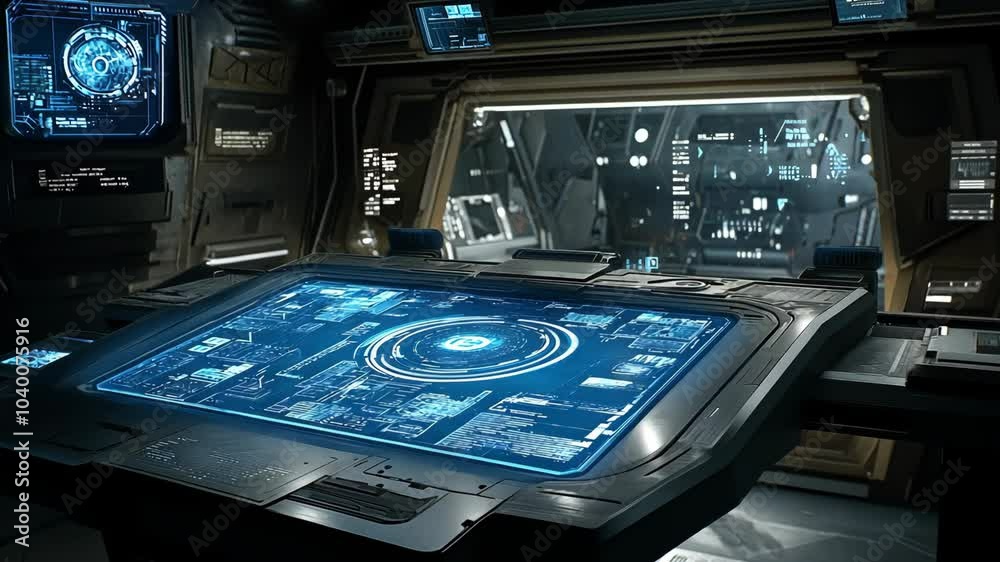 A futuristic spaceship cockpit features a large, glowing touchscreen display