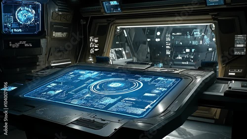 Wallpaper Mural A futuristic spaceship cockpit features a large, glowing touchscreen display Torontodigital.ca