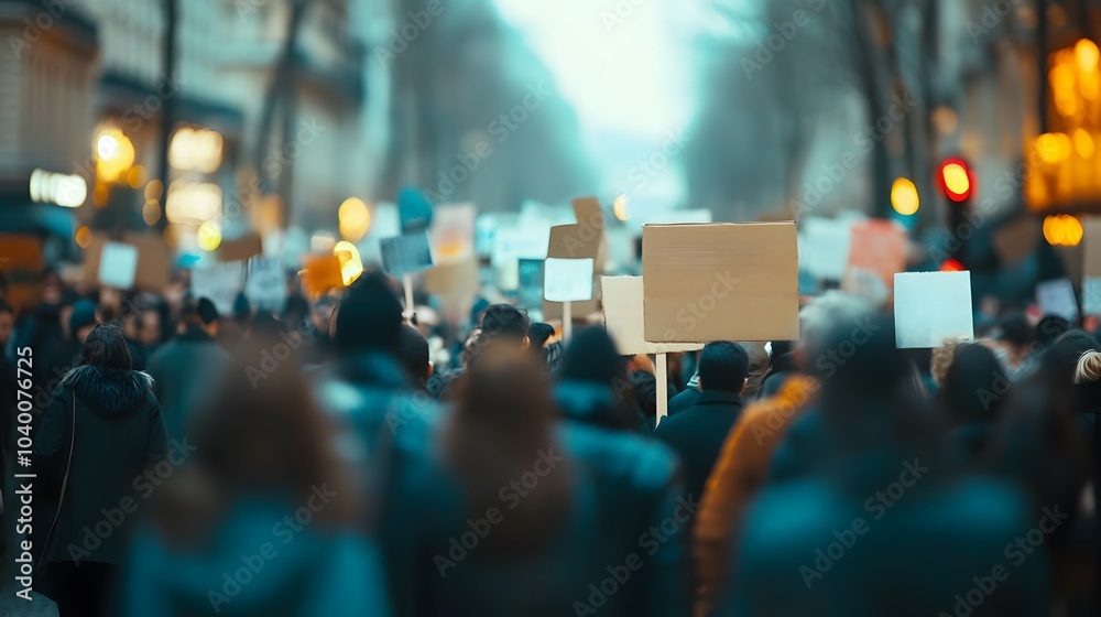 Obraz premium Unidentified Protesters Holding Signs In City Street Demonstration