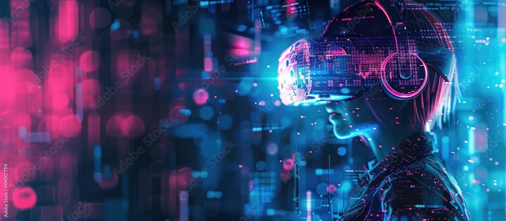 Obraz premium Cutting edge virtual reality technology in AI creates immersive digital experiences with endless possibilities perfect for futuristic simulations and entertainment Copy space image included