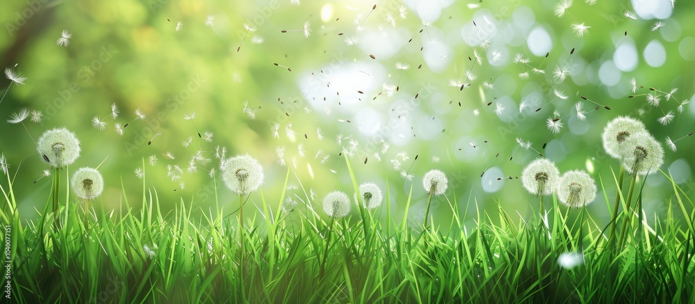 Summer lawn with dandelion seeds on a lush green background with copy space image Summer lawn with dandelion seeds on a lush green background with copy space image