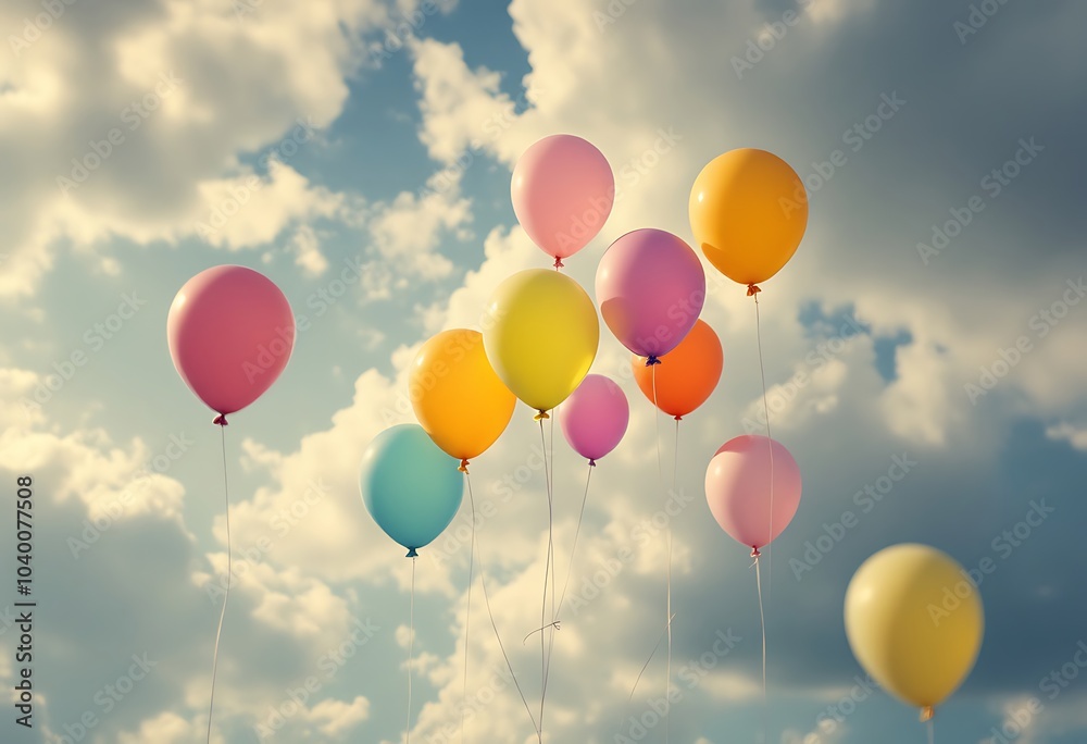 Colorful festive balloons over blue sky with a retro vintage instagram filter effect.
