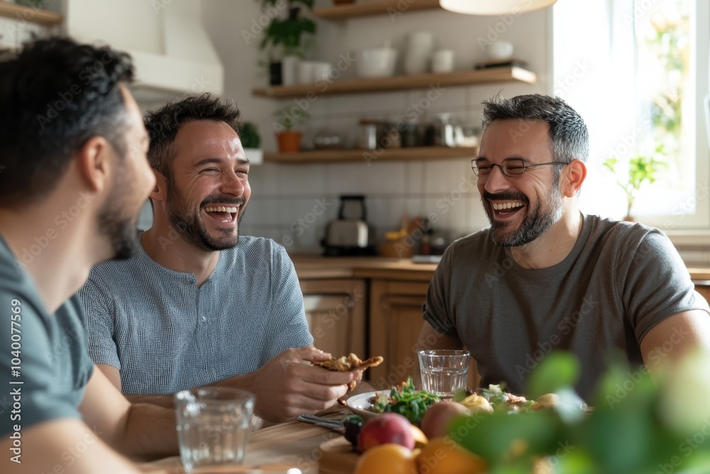 Three friends share laughter and a meal in a cozy kitchen, highlighting themes of friendship, happiness, and warmth with a backdrop of a modern home setting. Three friends share laughter and a meal in a cozy kitchen, highlighting themes of friendship, happiness, and warmth with a backdrop of a modern home setting.