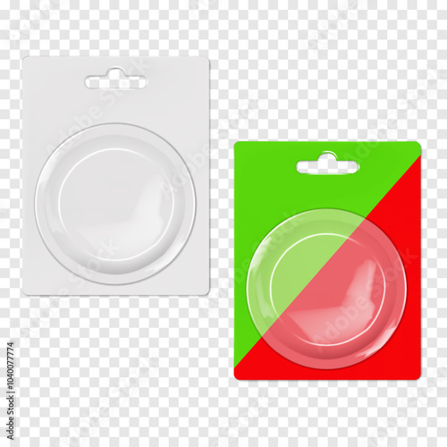 Hanging cardboard and clear plastic round blister box. Realistic 3d vector mock-up. Blank individual circle sleeve packaging with euro hole hanger. Mockup. Easy to edit. Template for design