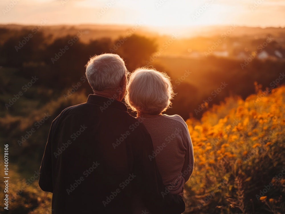 Happy Mature couple relaxing and watching sunrise, back view