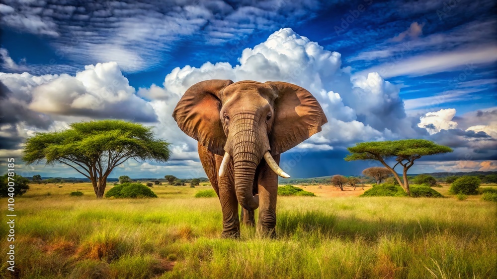 Fototapeta premium Majestic Elephant Standing in African Savanna Under Blue Sky with White Clouds - Wildlife Photography