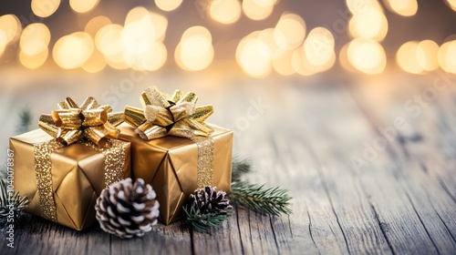 Festive Gold Gift Boxes with Bokeh Lights on Wooden Table