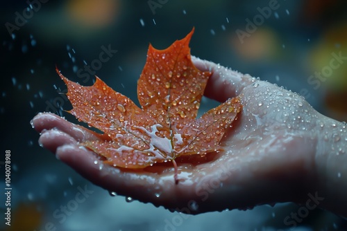 one hand leaf full of water,