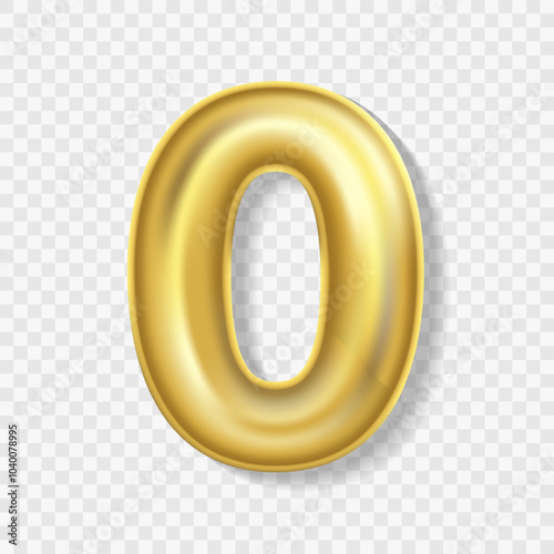Editable realistic 3D illustration of gold balloon number 0. Gold balloon number 0 isolated. Vector Illustration of gold balloon number 0 on transparent background