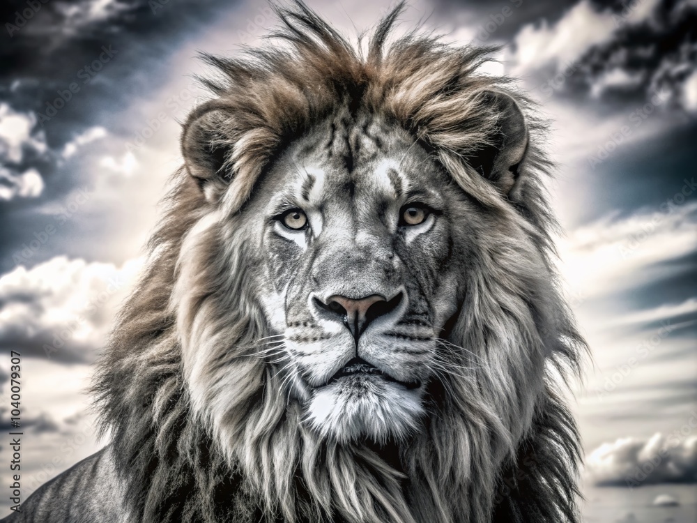 Fototapeta premium Majestic Lion Head Illustration with Vibrant Colors and High Depth of Field for Wildlife Enthusiasts and Nature Lovers