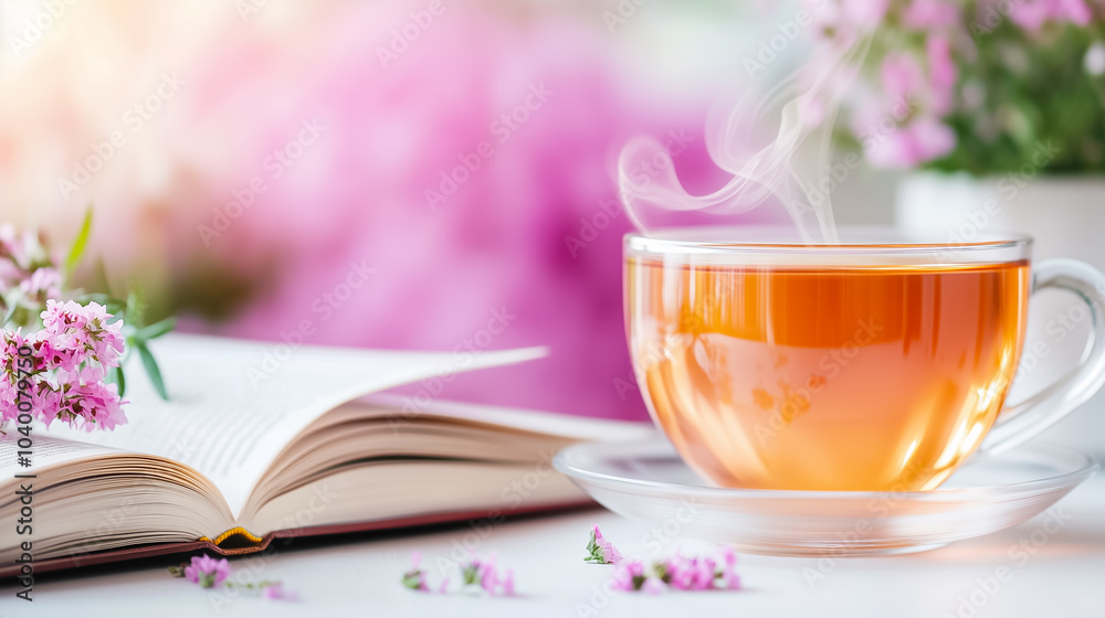 Enjoy a warm cup of herbal tea while reading an open book amidst beautiful blooming flowers Enjoy a warm cup of herbal tea while reading an open book amidst beautiful blooming flowers