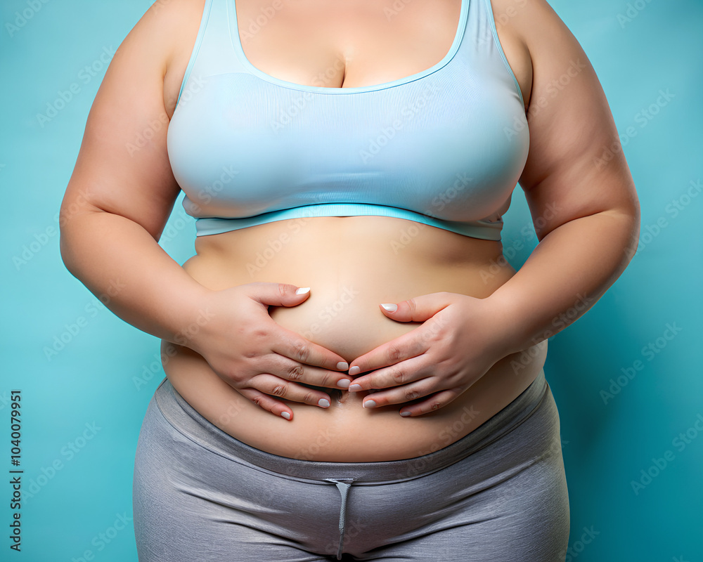 Close up - Chubby woman hands holding tummy fat. on light blue background Close up - Chubby woman hands holding tummy fat. on light blue background