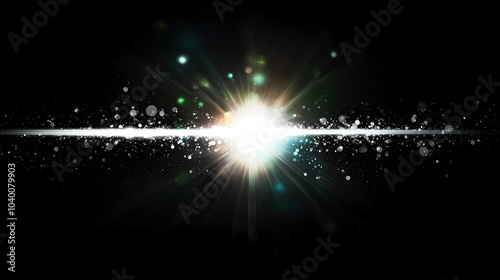 Lens flare effect glowing over a dark black background, ideal for layering or filtering onto images. photo