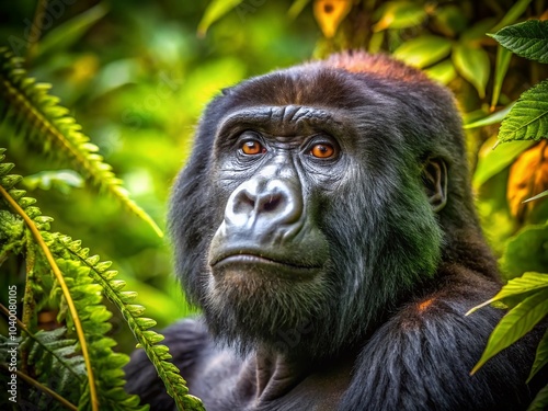 Majestic Mountain Gorilla Gazing Upwards in Lush Green Habitat, High Dynamic Range Photography