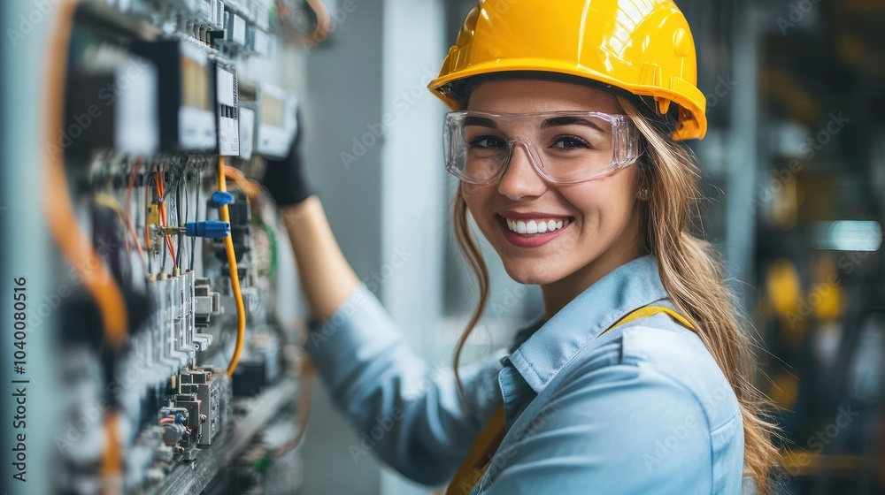 Smiling female engineer working with electrical component in industry Smiling female engineer working with electrical component in industry