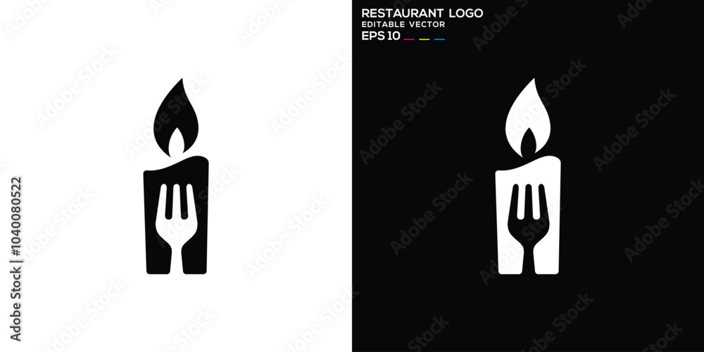 Vector design template of fork with candle. Restaurant, fire, lighting. Icon symbol EPS 10 Vector design template of fork with candle. Restaurant, fire, lighting. Icon symbol EPS 10