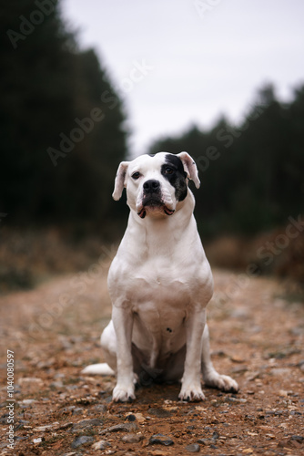 Staffordshire Terrier, white dog with a black eye patch marking