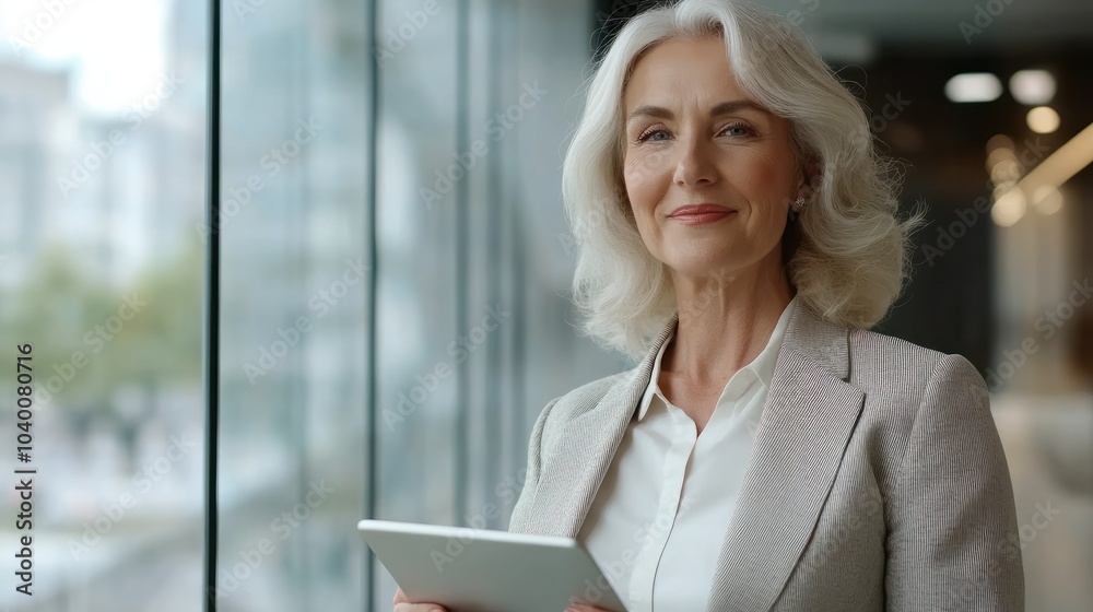 Smiling mature professional business woman bank manager, older happy female executive or lady entrepreneur holding digital tablet pad standing in office at work, looking away at copy space. Smiling mature professional business woman bank manager, older happy female executive or lady entrepreneur holding digital tablet pad standing in office at work, looking away at copy space.