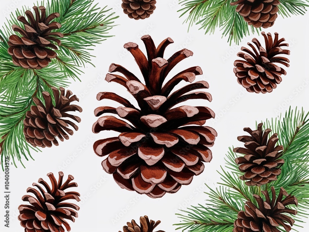 Pine cones hand drawn painted painting illustration on plain white background Pine cones hand drawn painted painting illustration on plain white background