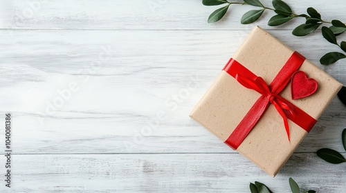 A beautifully wrapped gift with a red ribbon and heart detail, surrounded by greenery on a rustic wooden background.