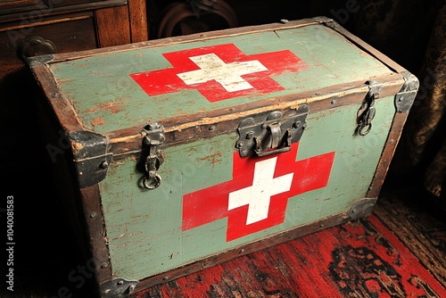 Vintage Green Wooden Chest with Red Cross Symbol Antique Medical Storage Box